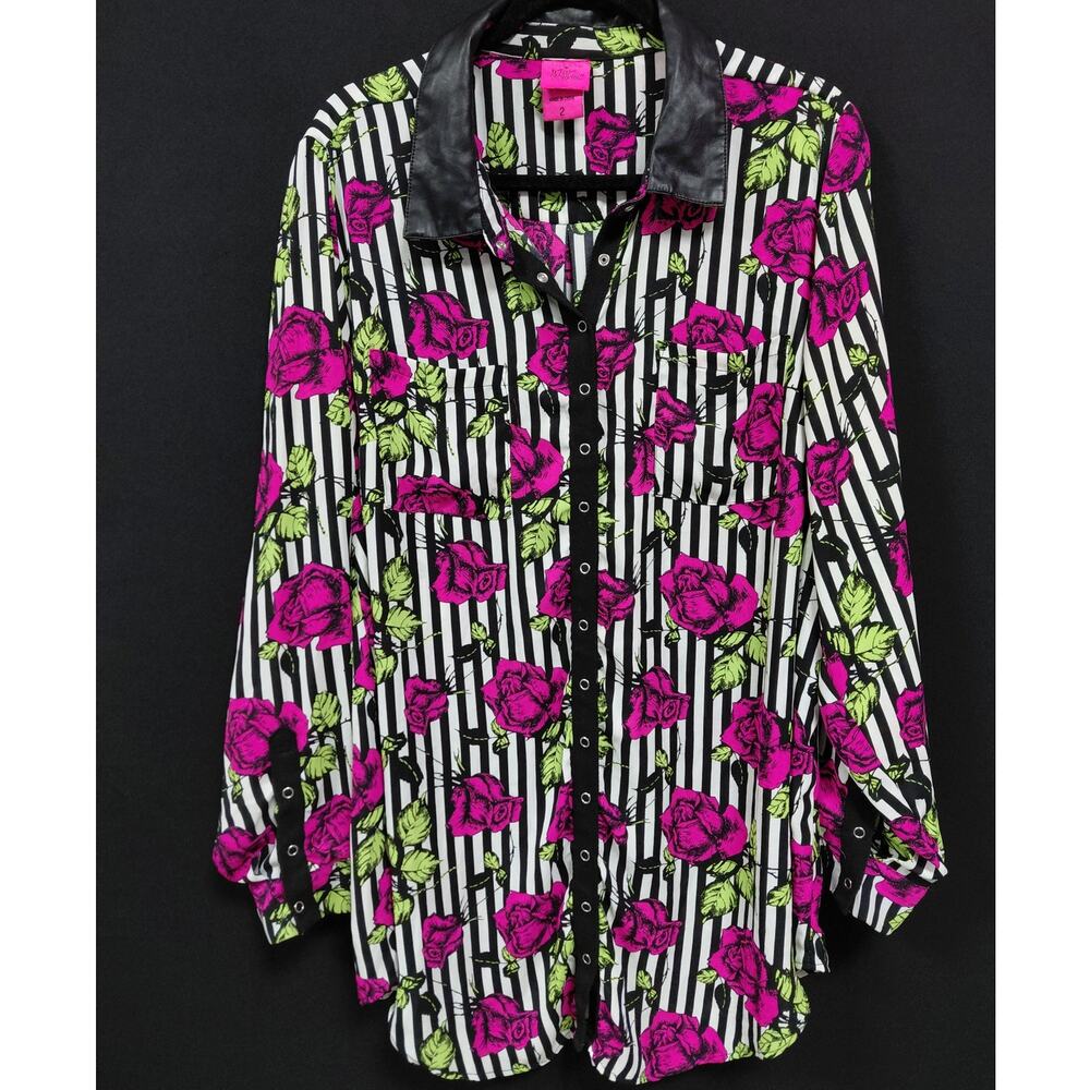 TORRID BETSEY JOHNSON Floral Striped Blouse Long Sleeve Collared Women Size 2